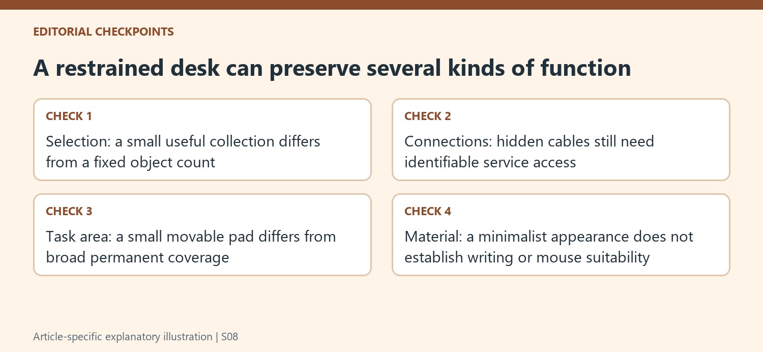 A restrained desk can preserve several kinds of function