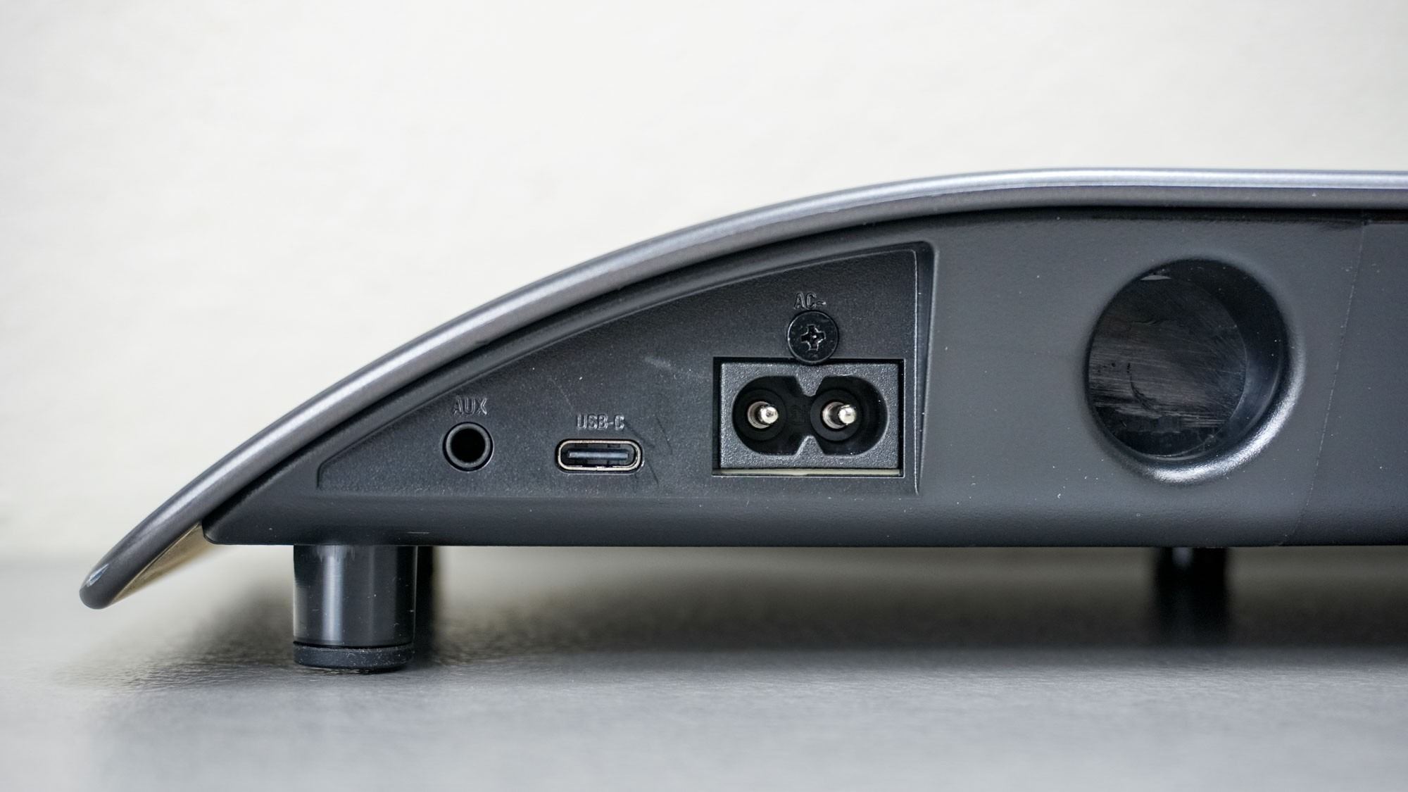 The BlueAnt Soundblade right-rear connections, including analog audio, USB-C and mains power. Image: Future.