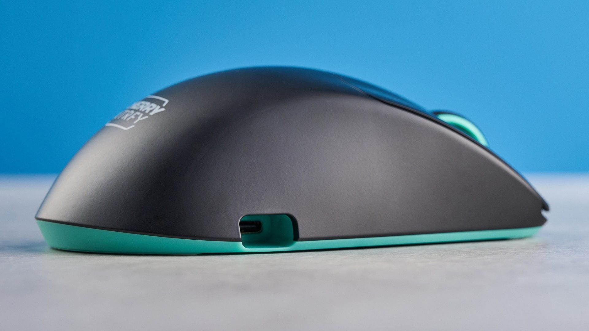 The Cherry XTRFY M64 right side with its recessed USB-C charging socket visible. Image: Nikita Achanta / Future.