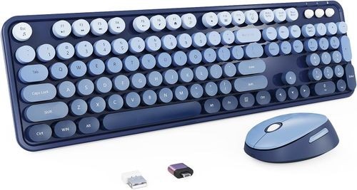 The blue retro-style keyboard and matching mouse shown in the themed accessory selection. Source product illustration: Future.