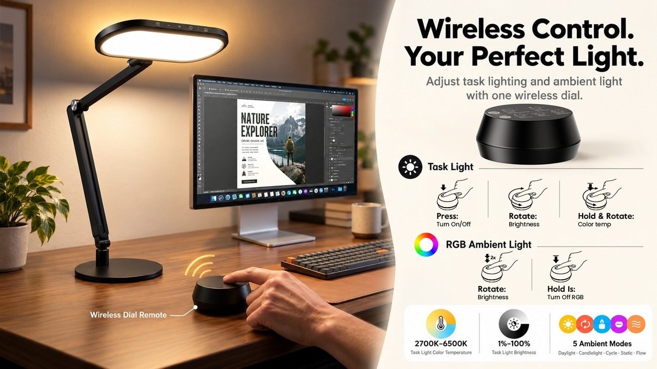 A LitONES promotional illustration showing the lamp and wireless dial controls. This is sponsored product imagery rather than an independent test result.