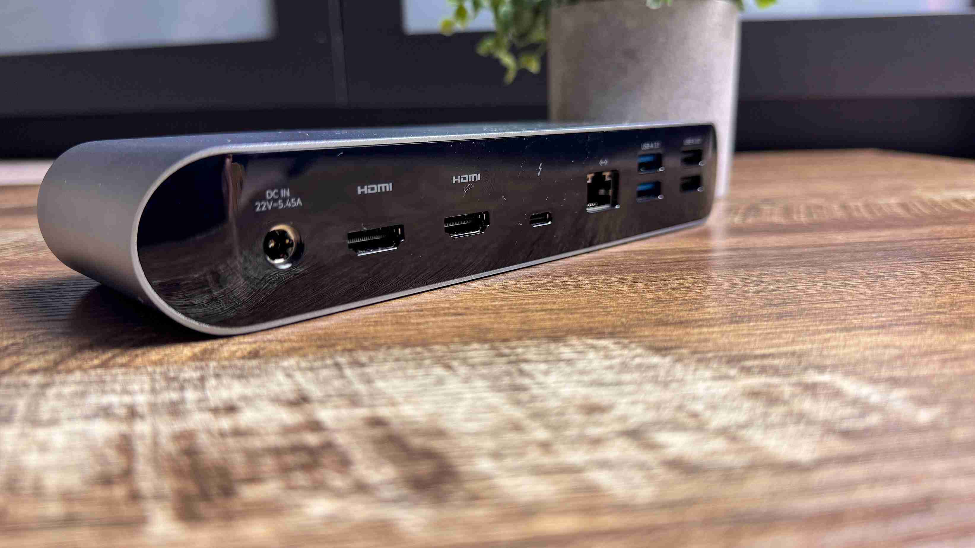 The rear of the Belkin Connect Pro, showing its power input, dual HDMI sockets, downstream connection, Ethernet and USB-A ports. Image: Jason England / Future.