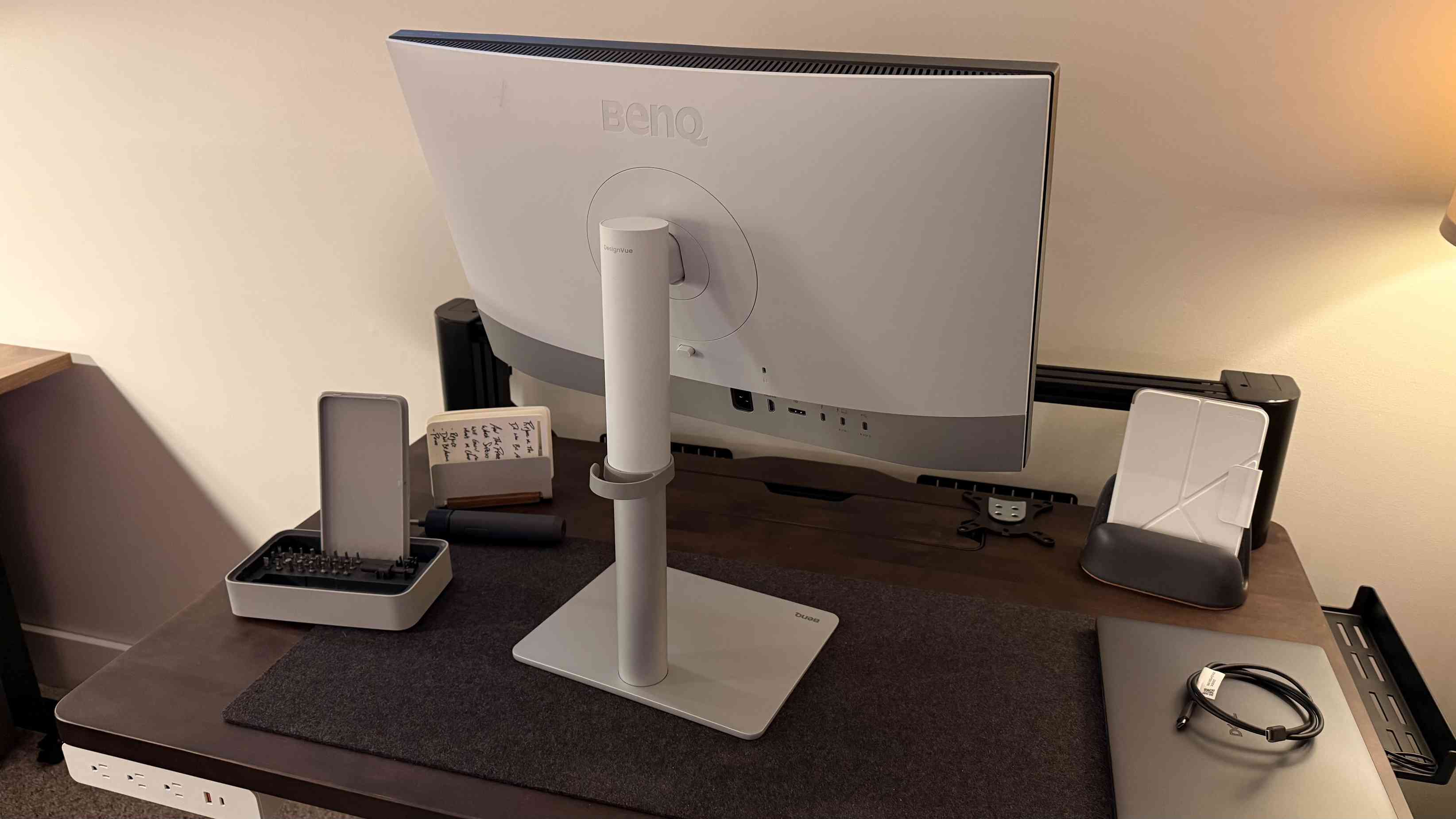 The rear of the BenQ PD2730S and its supplied stand, one of the models discussed in the dual-monitor guide. Image: Collin Probst / Future.