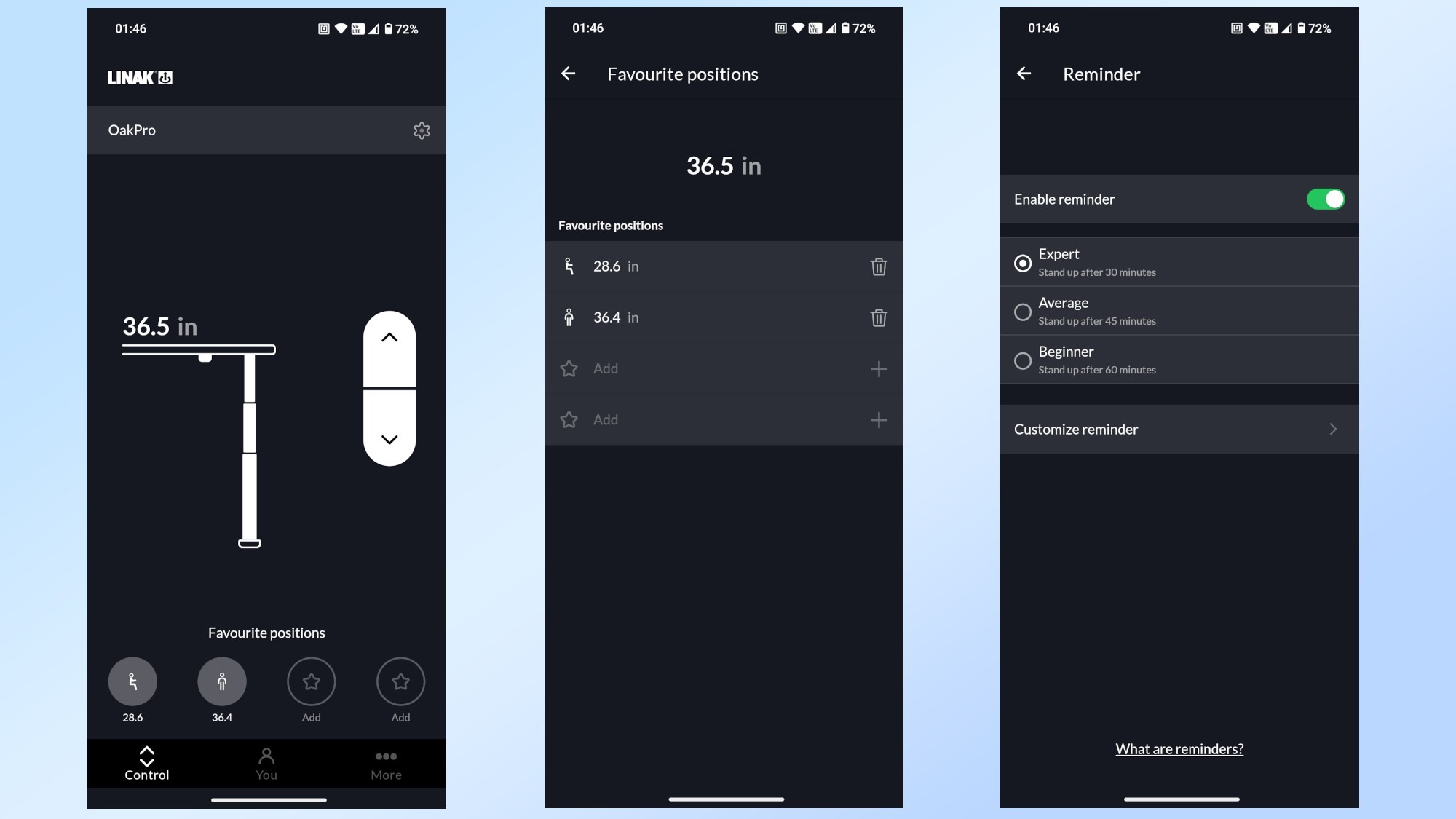 The source's screenshots of the LINAK desk-control app, including favorite positions and reminders. Image: Tom's Guide.